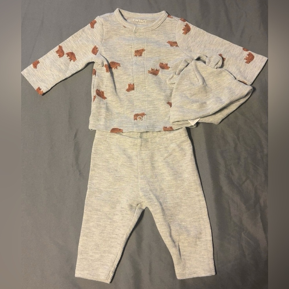 Carters Just One You Baby 3 Months Gray Bear Unisex Long Sleeve Pants Set w/ Hat